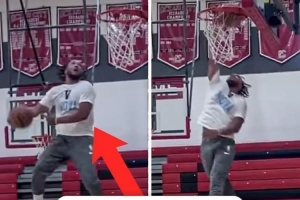 不信??唐斯轉(zhuǎn)發(fā)布倫森大風(fēng)車扣籃視頻：現(xiàn)在的AI太牛了